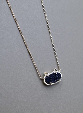 【清仓特价】黑色晶牙猫头吊坠精致浅金细项链时髦简约可爱孤品