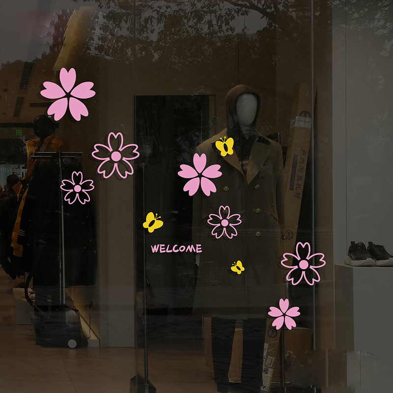 橱窗玻璃贴纸粉色飞舞樱花窗贴服装店装饰布景网红春季女装门贴画,淘宝优惠券,粉丝福利购,淘宝优惠卷