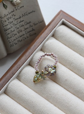 进口捷克珠牵牛花手工串珠花篮戒指弹力均码可爱油画色调戒指