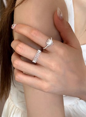 925银镂空蕾丝花边爱心磨砂拉丝戒指ins风小众设计叠戴食指戒可调