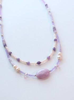 紫色天然石项链手工串珠颈链珍珠双层国风清新小众毛衣链锁骨链