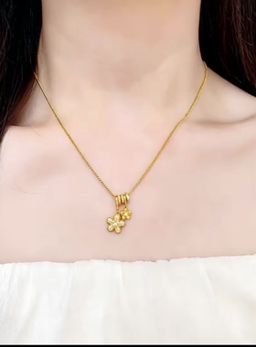 沙金新中式金色花朵吊坠项链女