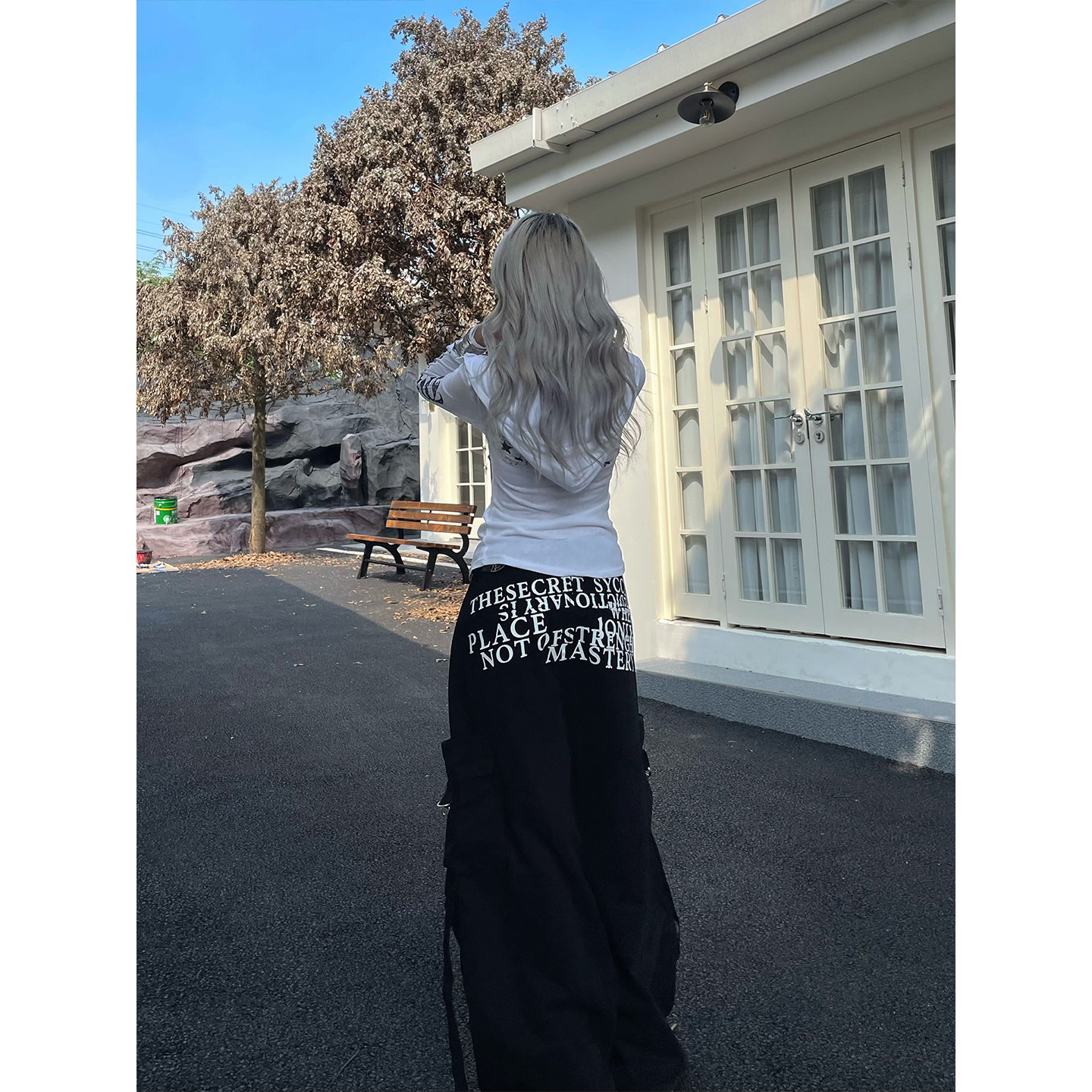 YAMMYUKI黑色字母印花重工多口袋工装裤高级感慵懒宽松拖地长裤,淘宝优惠券,粉丝福利购,淘宝优惠卷