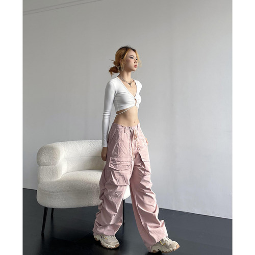 YAMMYUKI欧美辣妹爵士性感镂空设计感绑带露腰紧身显瘦长袖上衣 - 图3