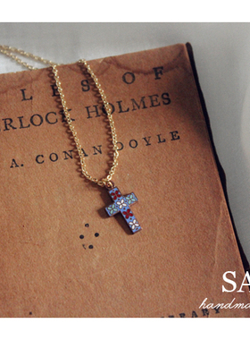 巴洛克｜美产vintage古董四叶草珐琅花纹十字架包金项链