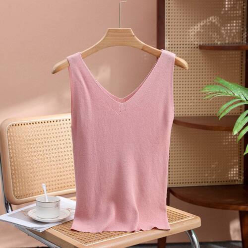 白色小搭无袖打底吊带衫V修身针织冰丝上衣女夏内领背心外穿 - 图0