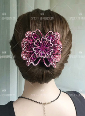 韩版水钻富贵花大号弹簧夹立体横夹盘发后脑勺夹子镶钻顶夹女发饰