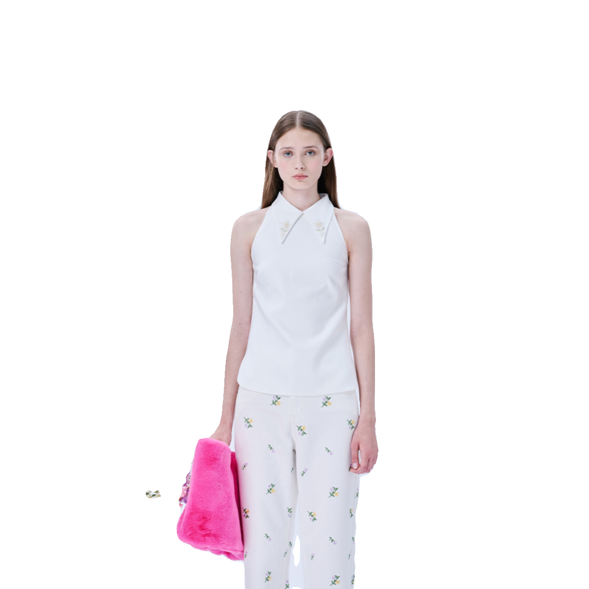 MING MA设计师品牌24春夏新款纯色小尖领无袖修身挂脖式珠绣上衣 - 图2