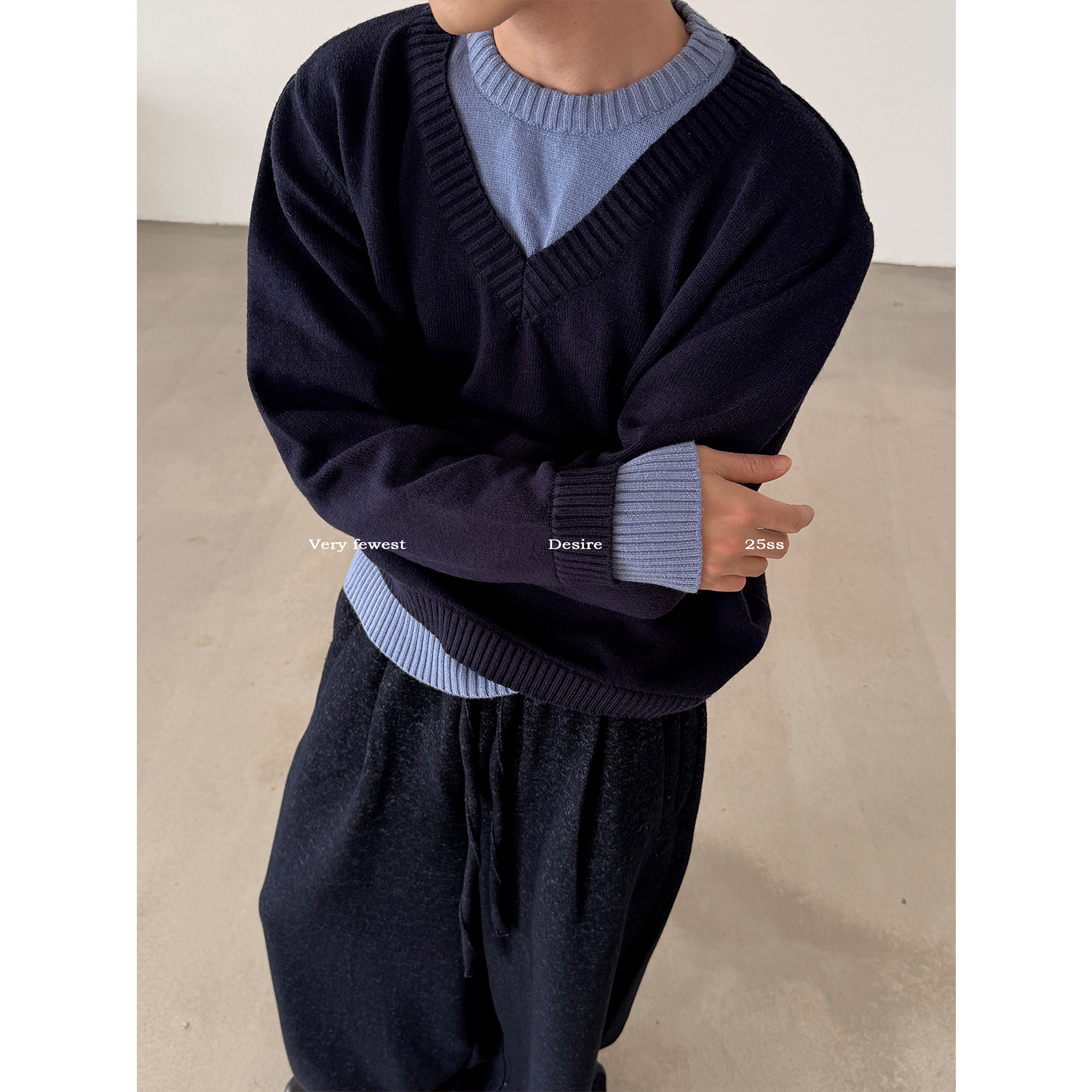 VERY FEWEST 懒人叠穿风双层撞色假两件针织衫羊毛混纺松弛感毛衣 - 图2