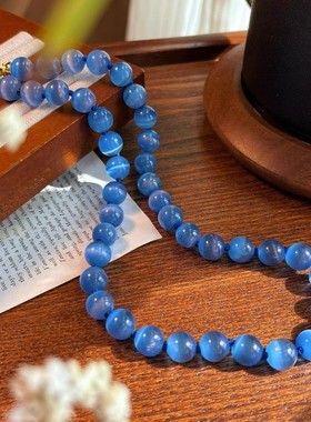高级贵族蓝 克莱因蓝宝石蓝色人造猫眼项链锁骨链 颗颗打结