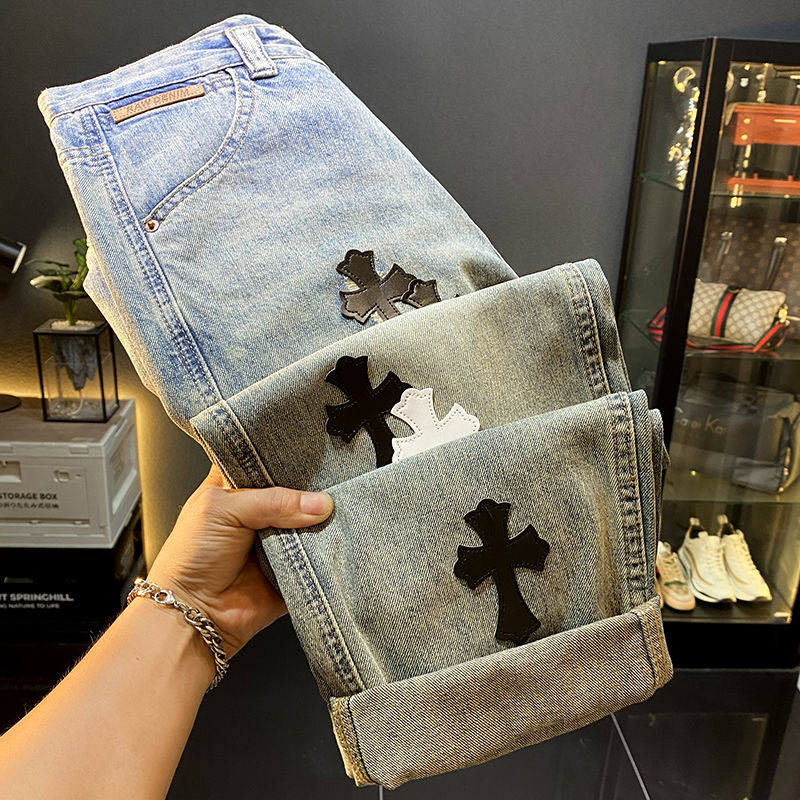 美式高端潮牌拼皮破洞复古牛仔裤男士夏季薄款直筒宽松工装长裤子,淘宝优惠券,粉丝福利购,淘宝优惠卷