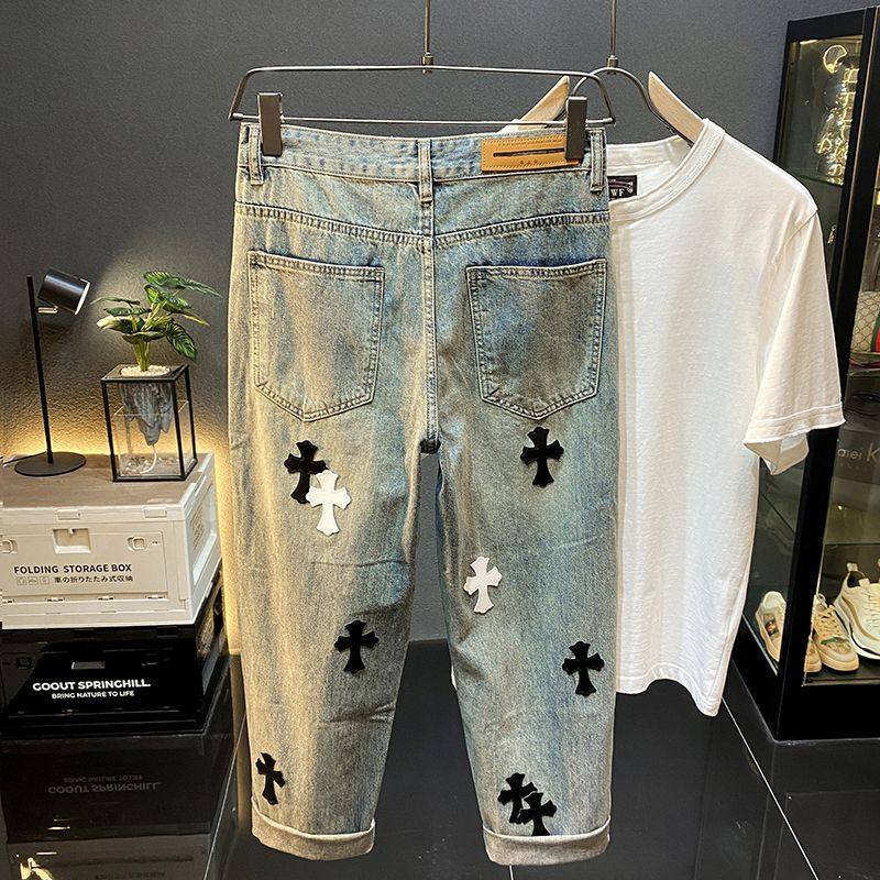 美式高端潮牌拼皮破洞复古牛仔裤男士夏季薄款直筒宽松工装长裤子,淘宝优惠券,粉丝福利购,淘宝优惠卷