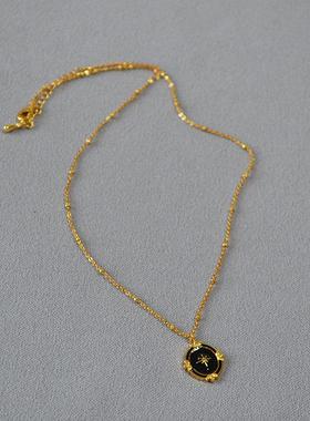 法式浪漫简约雅致黑色珐琅宫廷风天穹北极星椭圆吊坠项链锁骨链