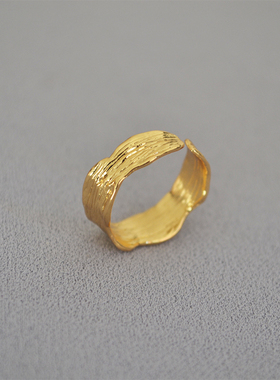 日韩原创纹理树叶开口镀金戒指