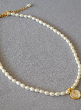 法式珠光白色珐琅淡水珍珠项链