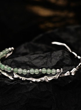 新中式纯银竹节手镯国风绿玉圆珠