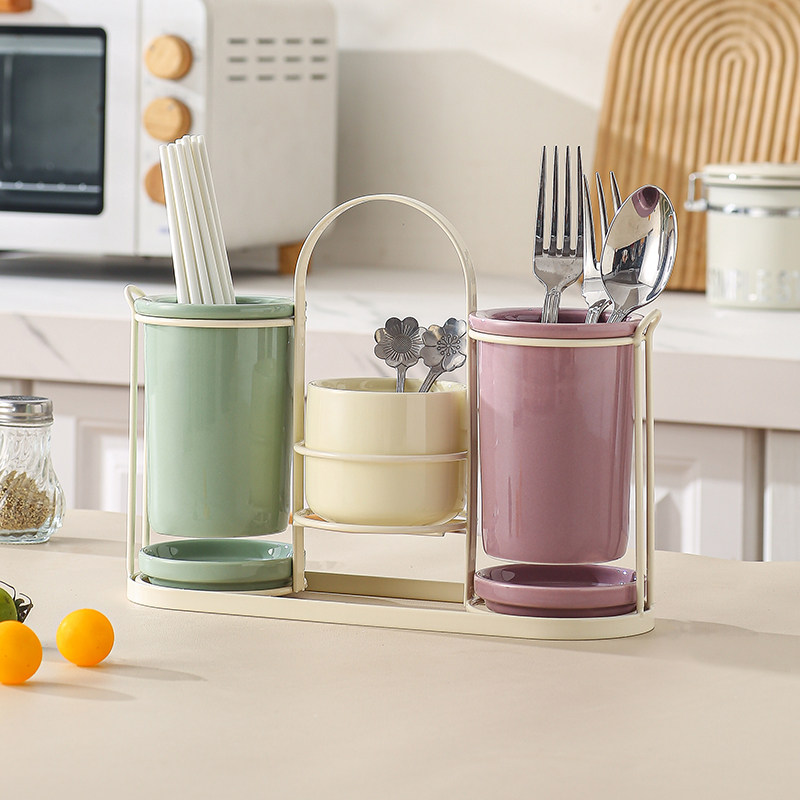 Nordic ceramic chopstick tube chopstick basket household kitchen tableware knife fork spoon chopstick storage jar chopstick cage rack porous drain