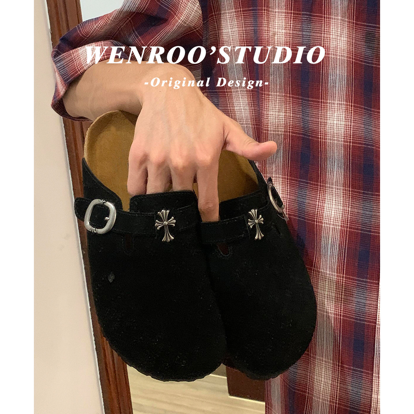 2026春季新款复古十字架厚底黑色勃肯鞋女外穿真皮懒人包头半拖鞋,淘宝优惠券,粉丝福利购,淘宝优惠卷