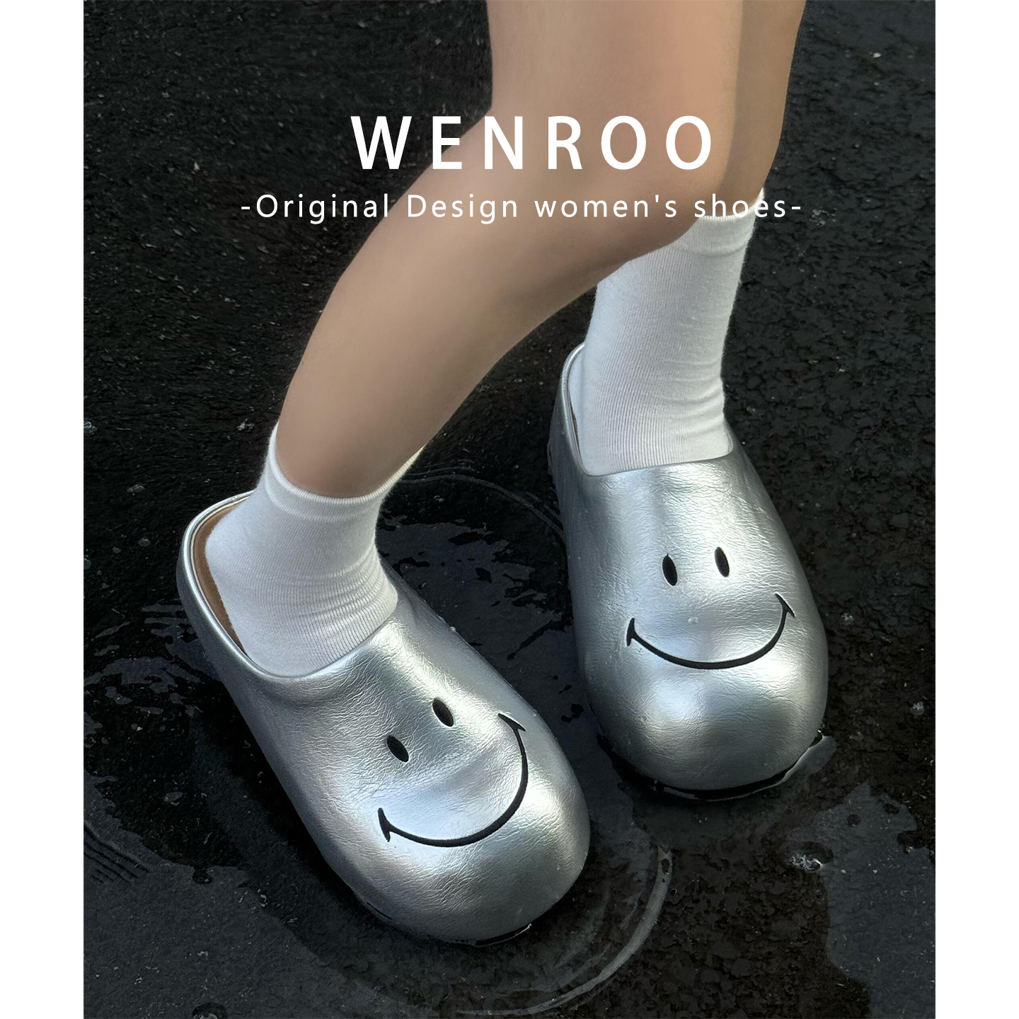 孟子义同款黄色笑脸勃肯鞋女外穿2025秋季新款真皮刺绣包头半拖鞋 - 图2