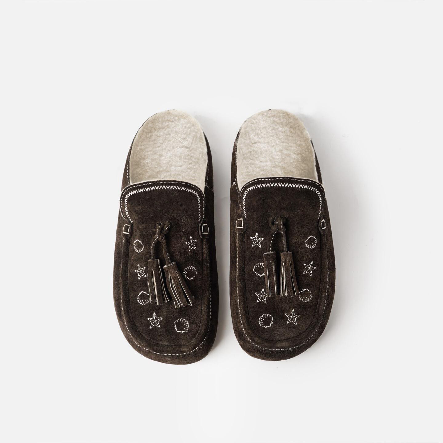 小众刺绣流苏加绒真皮包头棉拖女外穿2025秋冬新款复古毛毛勃肯鞋 - 图3