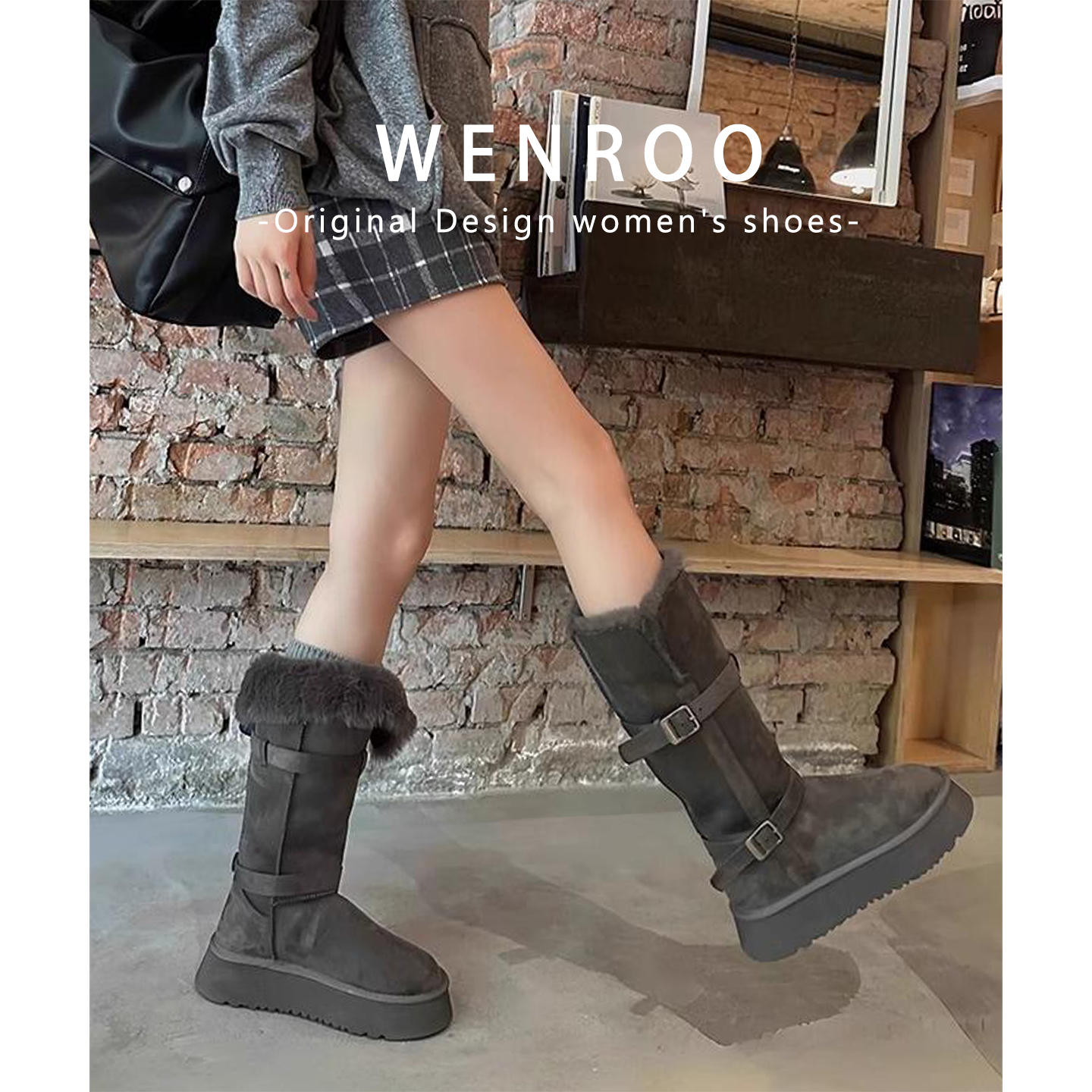 灰色复古加绒加厚底高筒雪地靴女2025秋冬新款灰色保暖毛毛长筒靴 - 图3