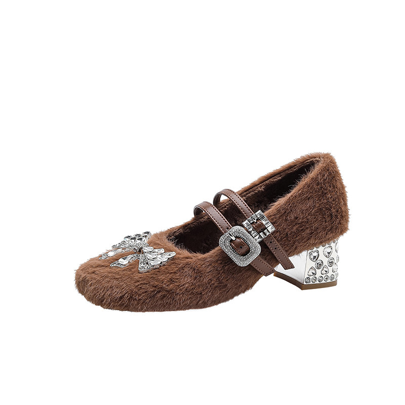 棕色气质方头水钻蝴蝶结加绒高跟鞋女2025新款毛毛浅口粗跟玛丽珍,淘宝优惠券,粉丝福利购,淘宝优惠卷