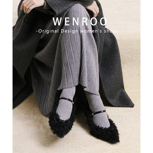 黑色蝴蝶结一字带加绒玛丽珍女2025秋冬新款法式尖头毛毛高跟单鞋 - 图0