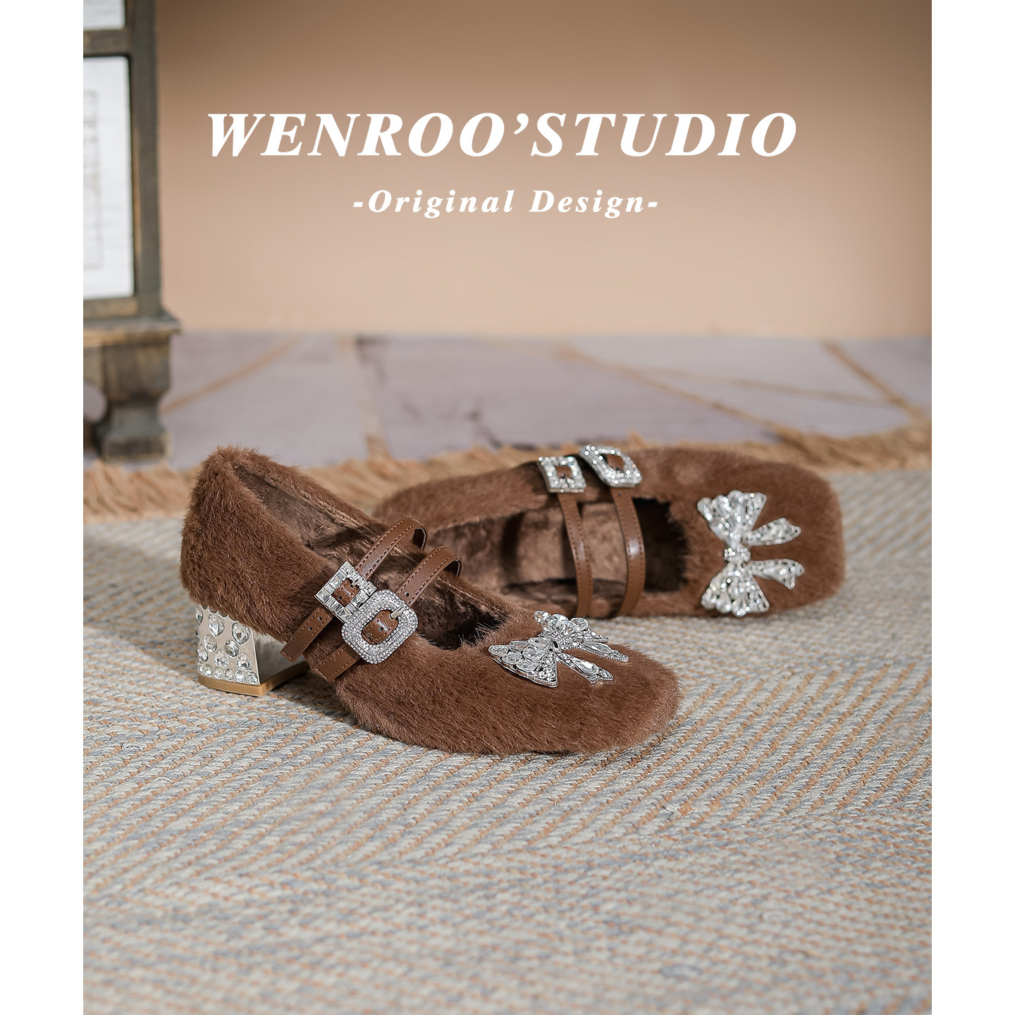 棕色气质方头水钻蝴蝶结加绒高跟鞋女2025新款毛毛浅口粗跟玛丽珍,淘宝优惠券,粉丝福利购,淘宝优惠卷