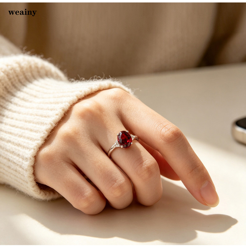 Natural garnet ring necklace set sterling silver gold-plated pendant basic simple ring live mouth female certificate