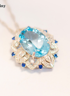 天然蓝宝石色的托帕石项链9克拉小鸽子蛋纯银镀金吊坠送礼物证书