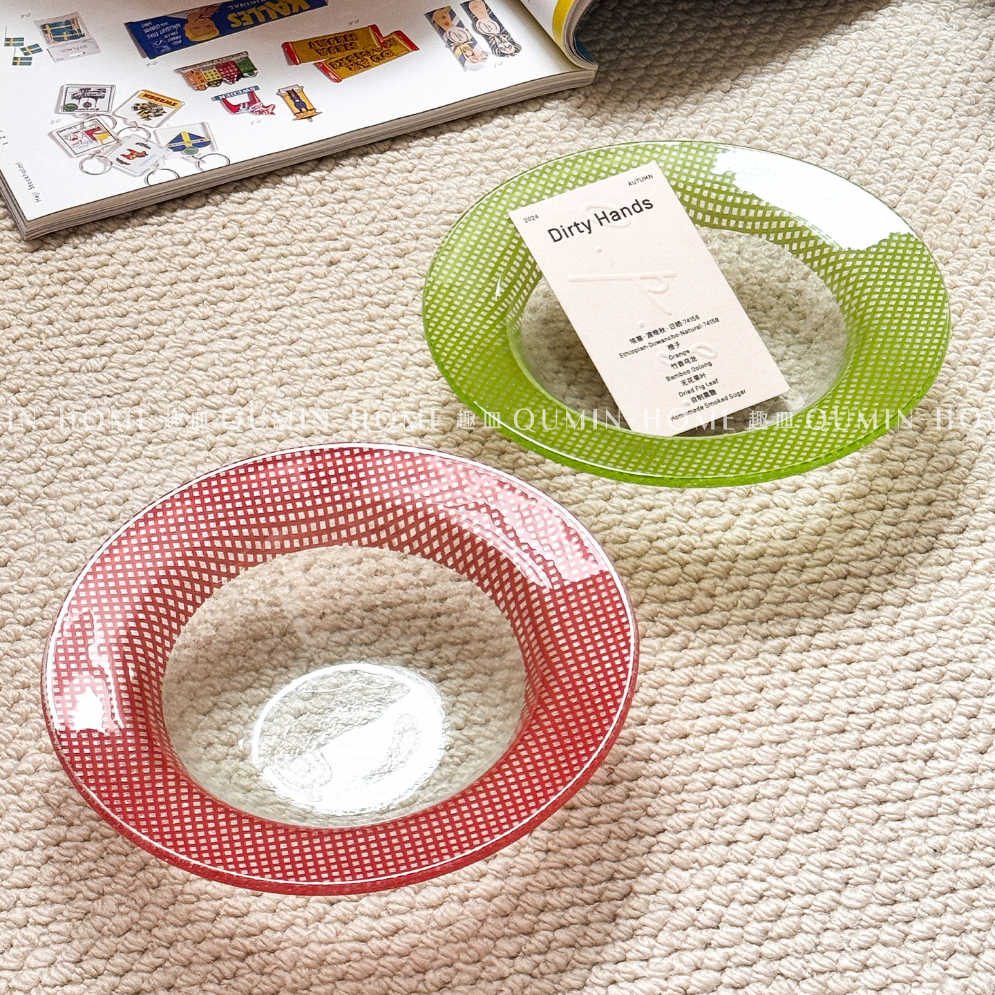 趣皿多巴胺格纹彩色圆形玻璃碗盘复古装饰酸奶碗水果碗零食碗盘