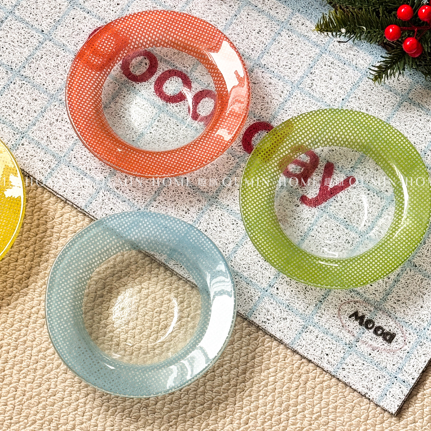 趣皿多巴胺格纹彩色圆形玻璃碗盘复古装饰酸奶碗水果碗零食碗盘