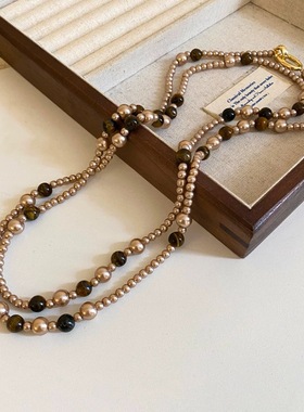叠戴长款仿虎眼石珍珠款毛衣链