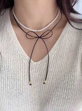 气质缎带锁骨链新款蝴蝶结黑色