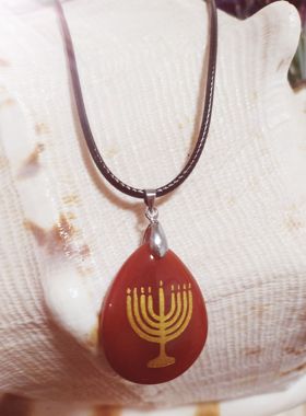 天然石水滴项链希伯来语与金灯台项链