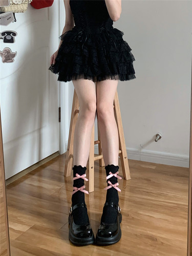 AY To films 少女芭蕾蝴蝶结袜子双层木耳边中筒袜春夏可爱堆堆袜 - 图1