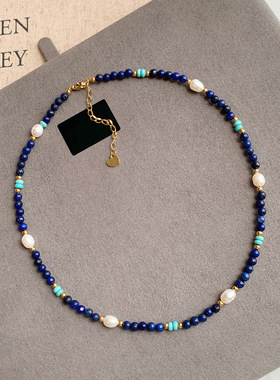 青金石米粒淡水珍珠项链女新中式国风复古天然绿松石串珠锁骨