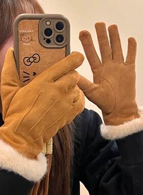 可触屏麂皮绒手套女士加绒保暖分指手套开车骑车手套秋冬款