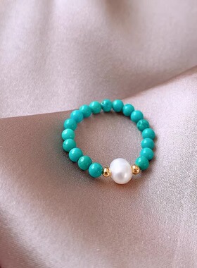 淡水珍珠绿松石戒指女气质网红设计指环轻奢高级感弹力可调节