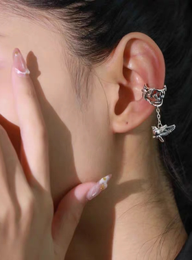 蓝桉与鸟花朵树枝耳夹女单只复古做旧风喜鹊流苏花园无耳洞耳骨夹
