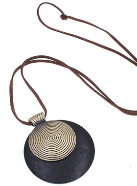 木质年轮项链长款百搭挂件简约复古毛衣链民族风饰品棉麻配饰女士