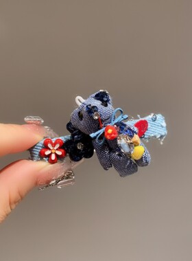 小众慵懒风牛仔小熊蝴蝶结边夹闪钻装饰侧边夹后脑勺碎发一字夹女