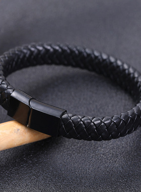 新款亚马逊欧美男士磁扣手链复古编织皮绳磁铁扣手镯一件