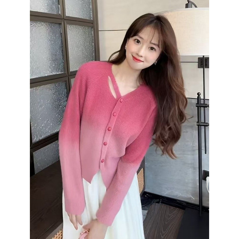 法式V领渐变色套头毛衣女2026春季新款开衫宽松慵懒风针织衫上衣,淘宝优惠券,粉丝福利购,淘宝优惠卷