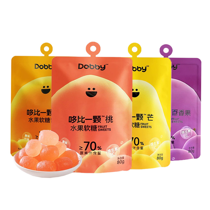 哆比dobby一颗水果软糖芒桃桔百香果水果汁软糖果儿童休闲零食80g,淘宝优惠券,粉丝福利购,淘宝优惠卷