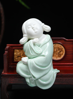 青瓷唐朝小胖妞人物仕女陶瓷工艺品中式软装酒柜玄关家居装饰摆件