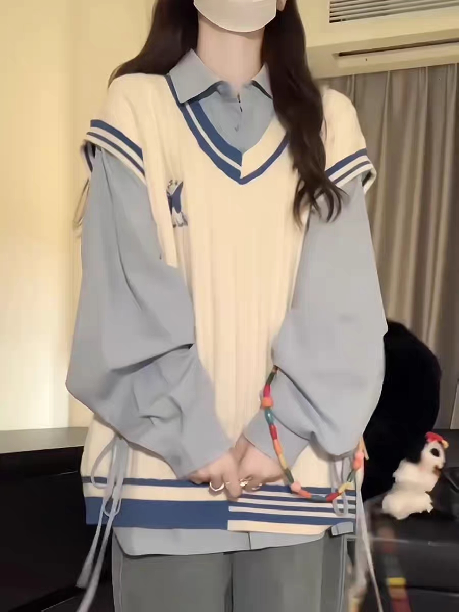 学院风软糯蝴蝶刺绣针织衫马甲背心毛衣女学生+蓝色衬衫两件/套装,淘宝优惠券,粉丝福利购,淘宝优惠卷