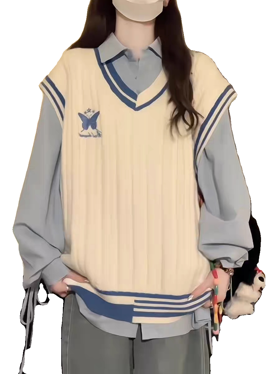 学院风软糯蝴蝶刺绣针织衫马甲背心毛衣女学生+蓝色衬衫两件/套装,淘宝优惠券,粉丝福利购,淘宝优惠卷