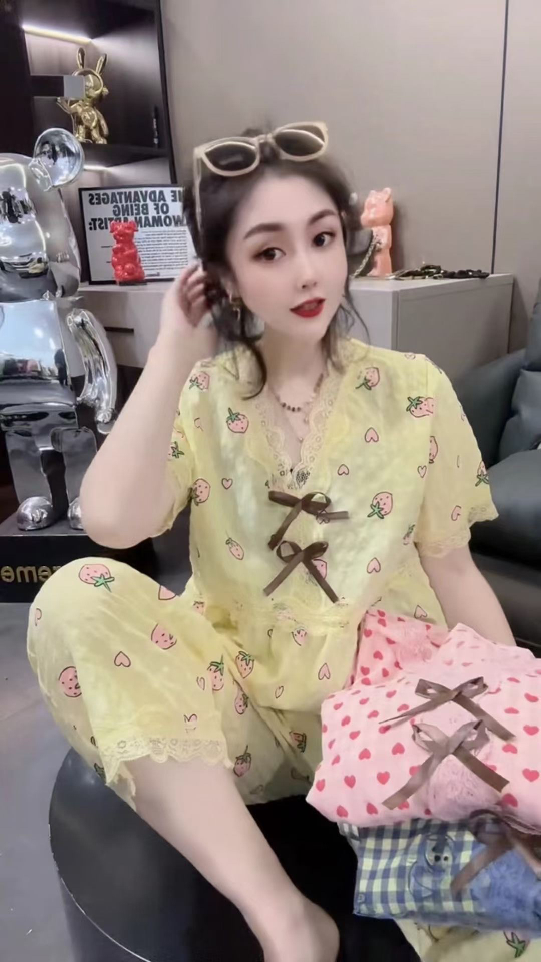 蝴蝶结睡衣爆款套装蕾丝可外花边时尚舒适韩版减龄宽松网红家居服