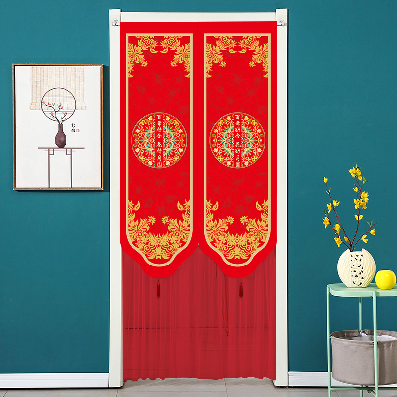 结婚红门帘婚房门红色喜庆婚庆2024新款网纱卧室隔断帘免打孔门帘 - 图2